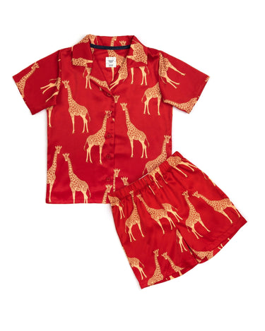 Kids' Satin Red Giraffe Short Pyjama Set